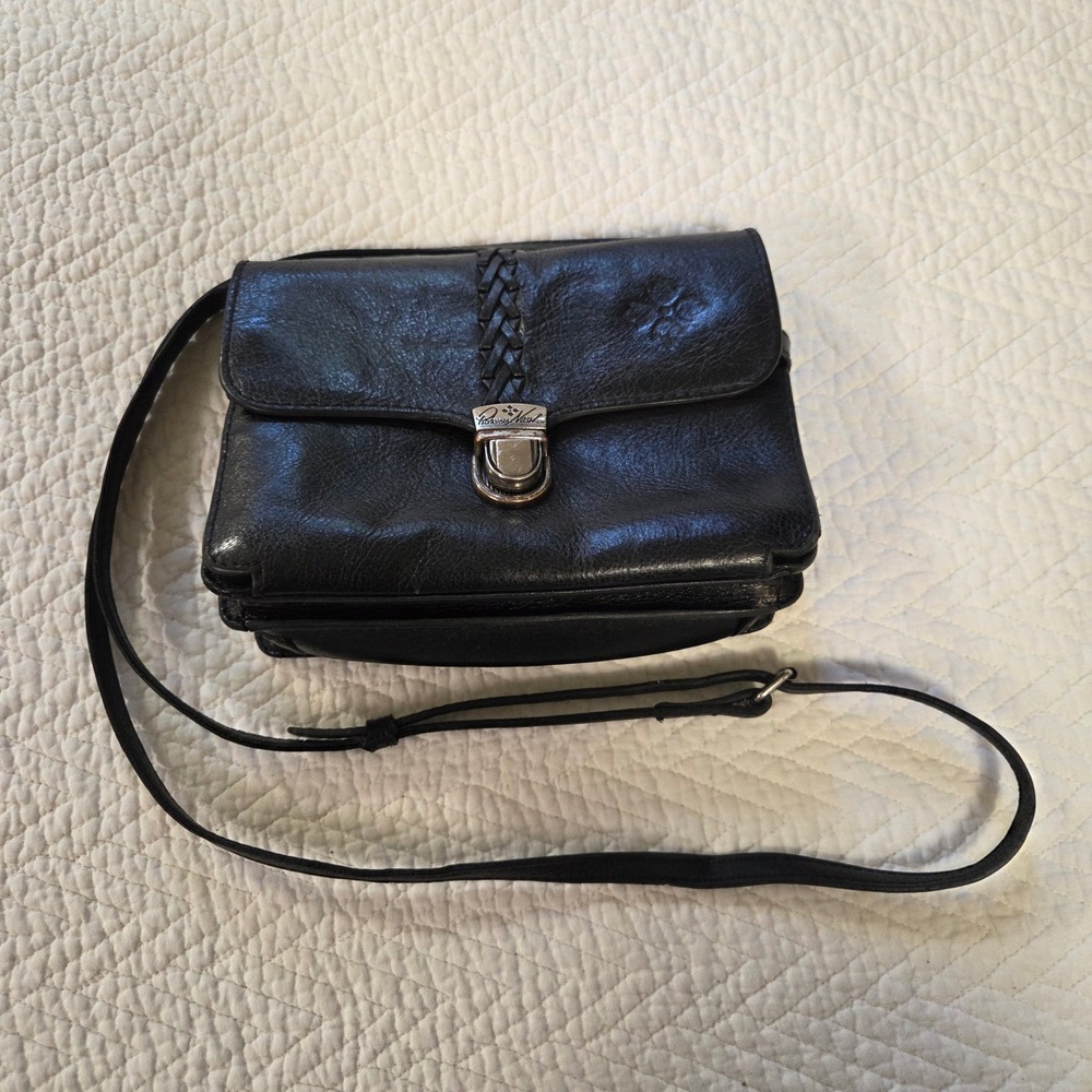 Patricia Nash Black Leather Braided Crossbody Bag Messenger Purse Silver Lock